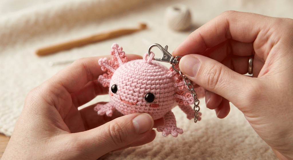 attaching keychain hardware to crochet axolotl