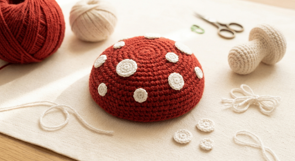 crochet mushroom cap with white spots