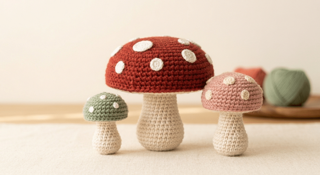 crochet mushroom family in different colors
