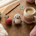 Crochet gifts for teachers flat lay with amigurumi apple, mini owl, and coffee cozy on wooden desk