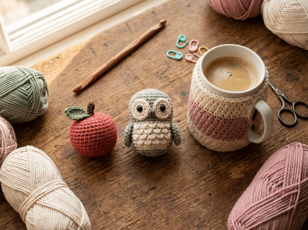 Crochet gifts for teachers flat lay with amigurumi apple, mini owl, and coffee cozy on wooden desk