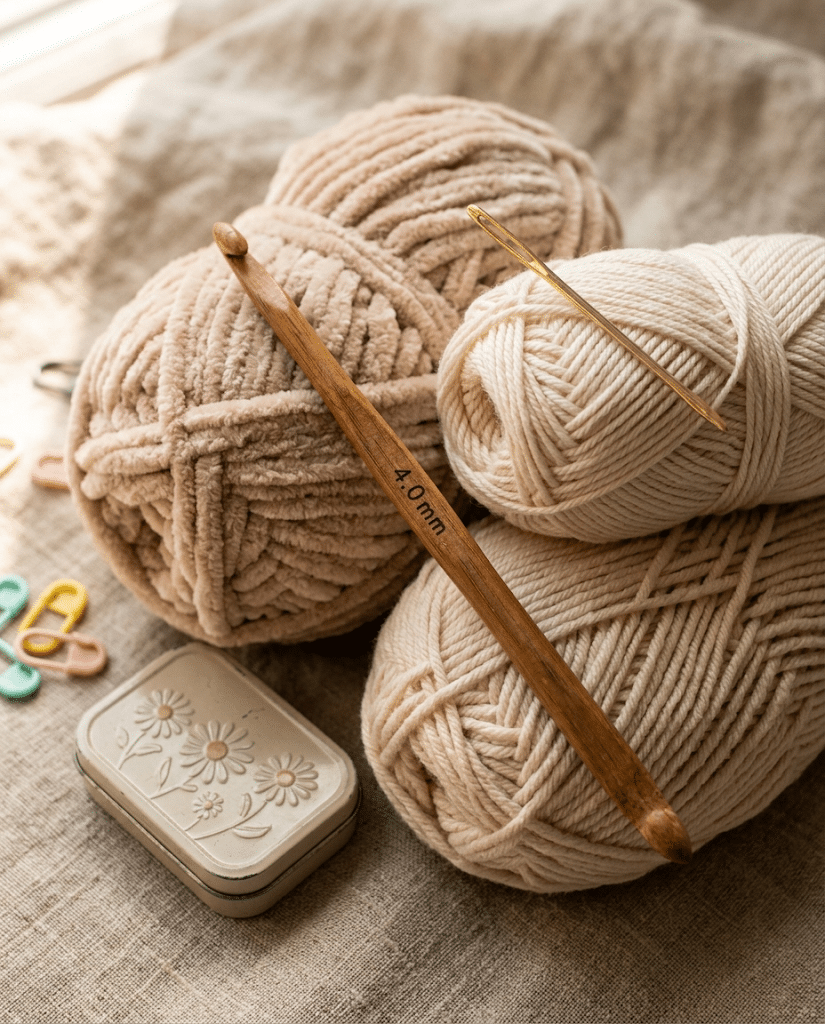 Yarn and crochet supplies for making quick handmade teacher gifts
