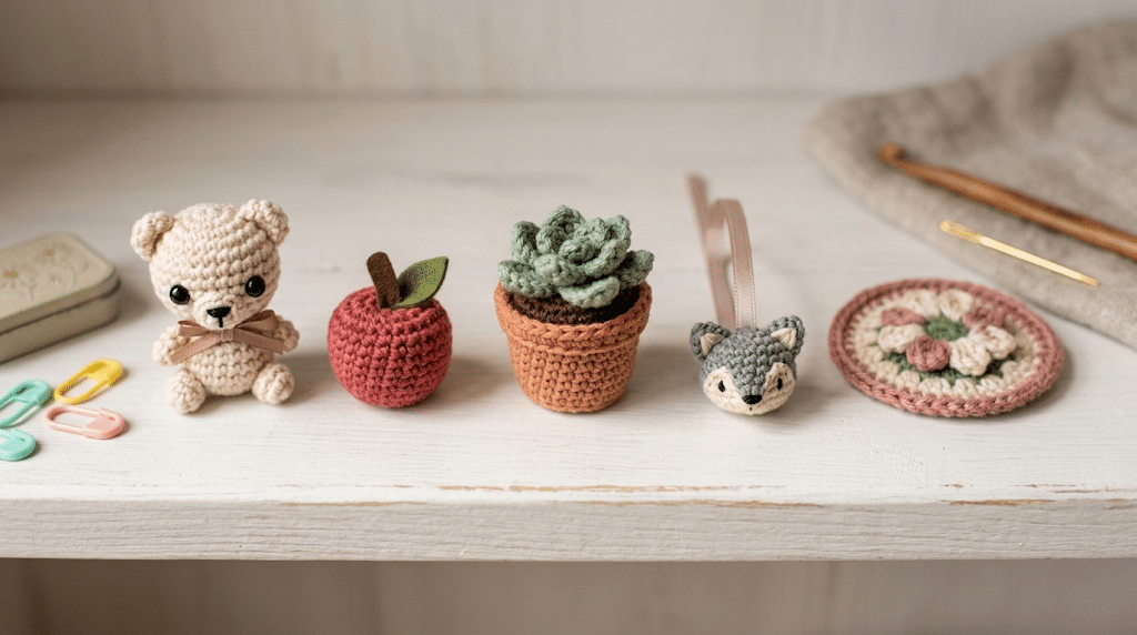 Five easy crochet gift ideas for teachers including amigurumi apple, succulent, and bookmark charm