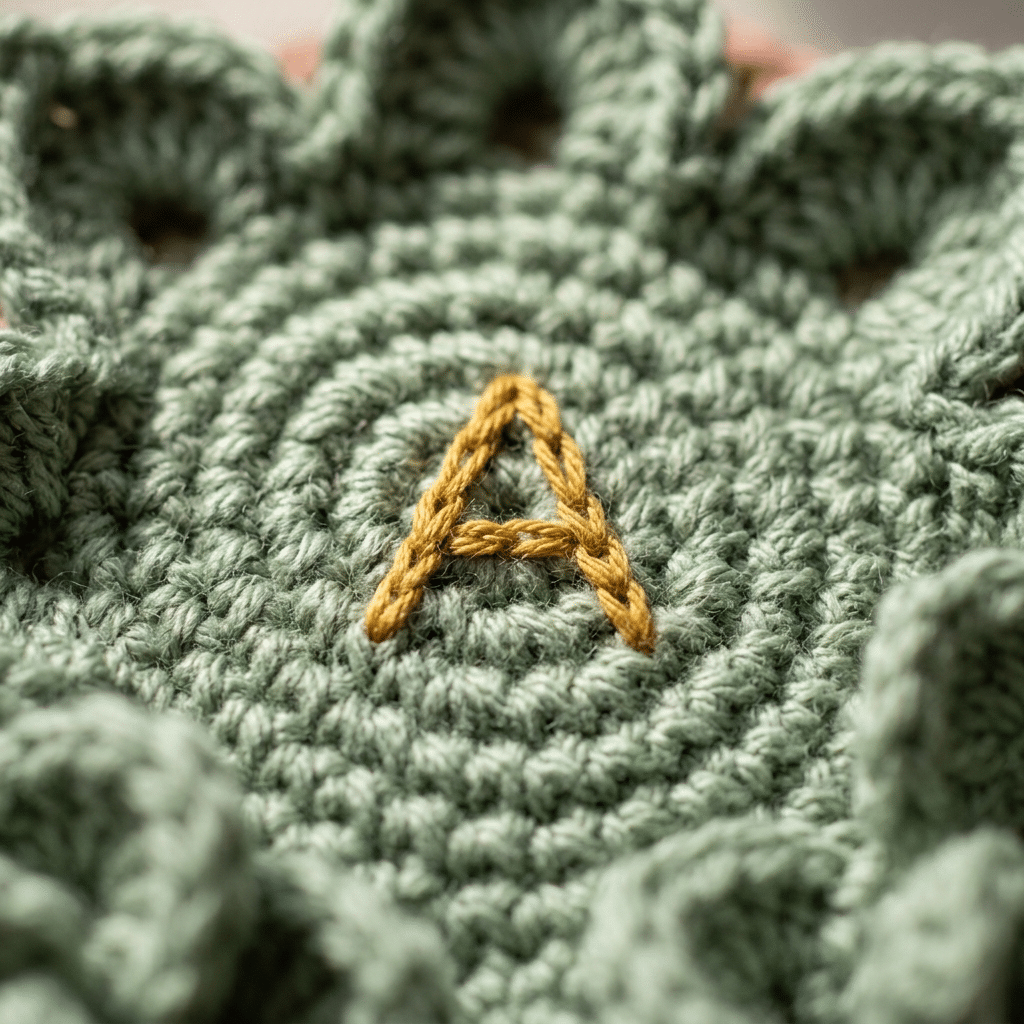 Close-up of embroidered initial detail on a personalized crochet gift