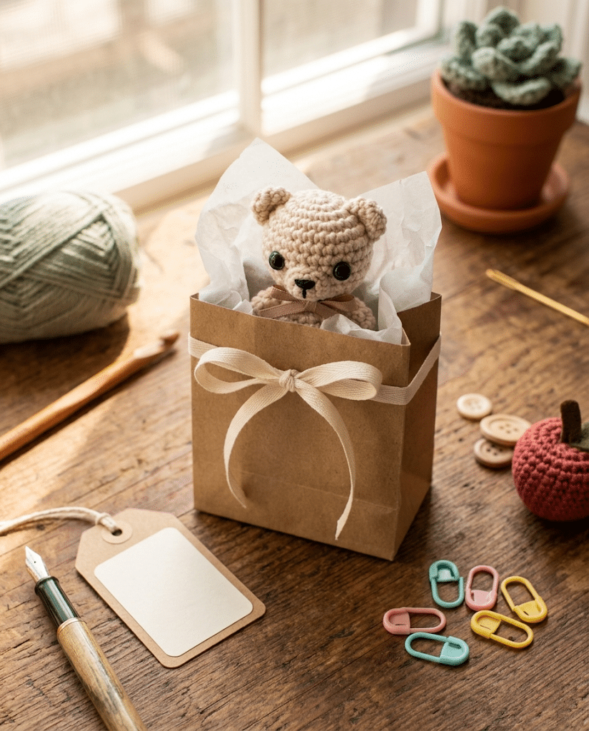 Kraft paper gift bag with tissue paper and handwritten tag for packaging handmade crochet gifts