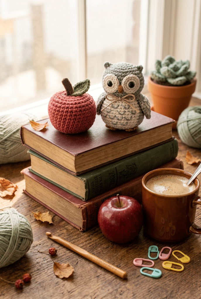 Crochet gifts for teachers pin featuring amigurumi apple and plush owl on a stack of books