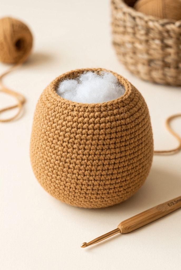 stuffing crochet owl amigurumi with fiberfill