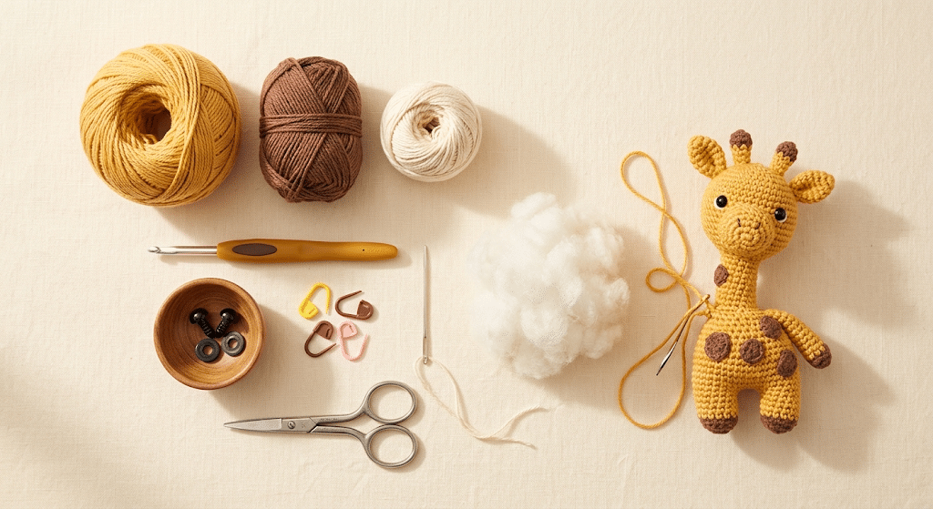 crochet giraffe amigurumi yarn and crochet supplies