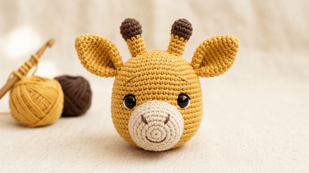 crochet giraffe face with ears horns and safety eyes