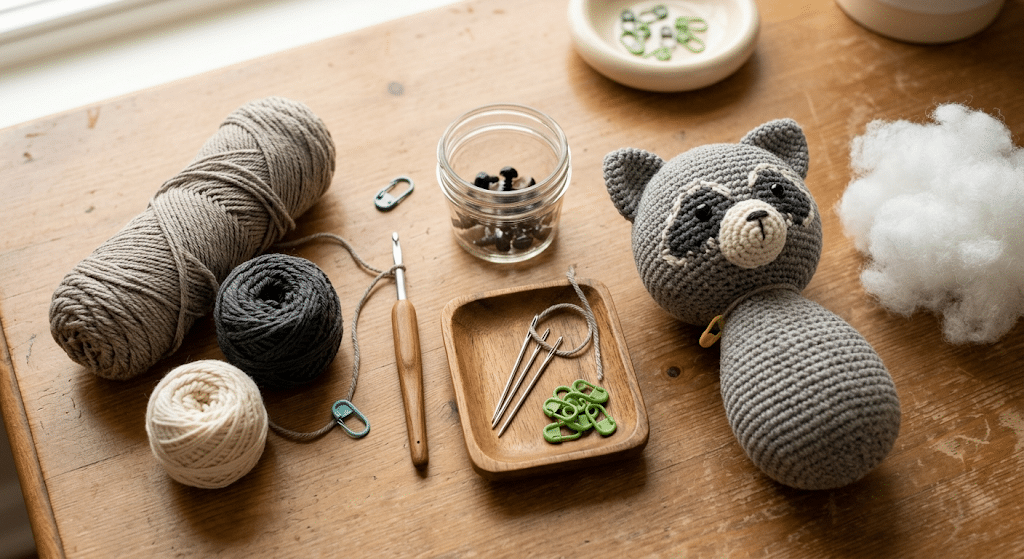 crochet raccoon amigurumi materials and supplies