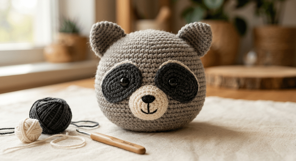 crochet raccoon amigurumi face and eye mask