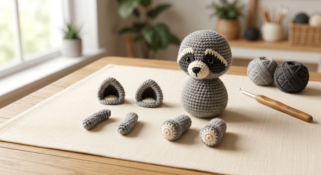 crochet raccoon ears arms and legs