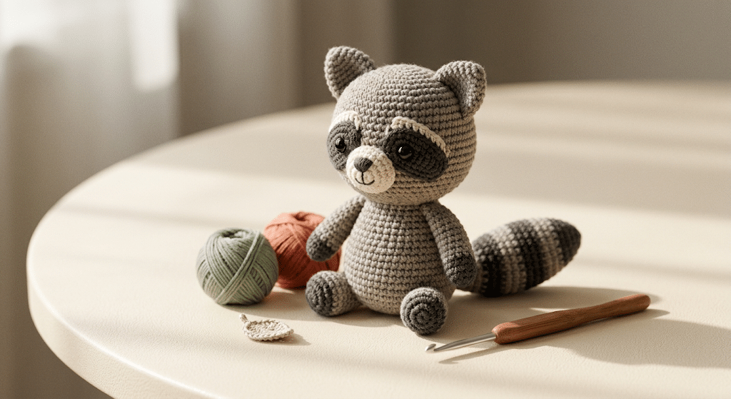 finished crochet raccoon amigurumi