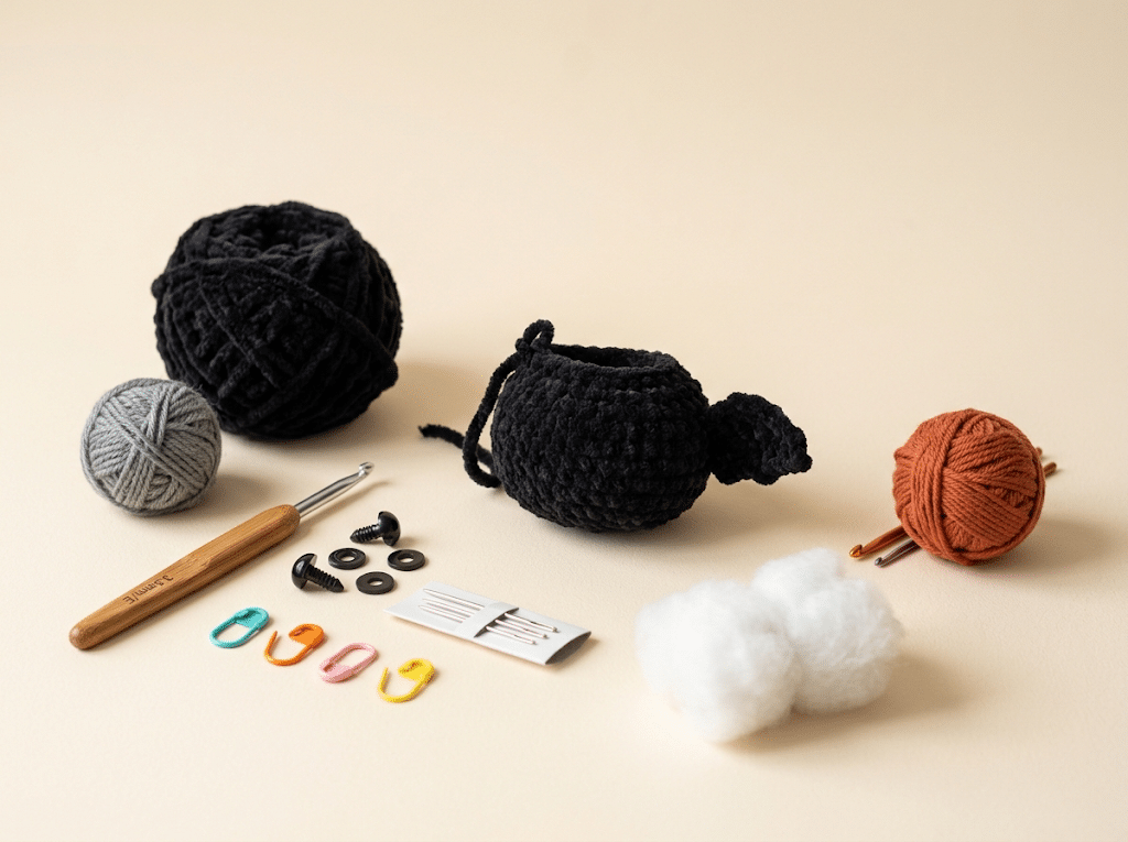 Crochet bat amigurumi materials with yarn, hook and stuffing