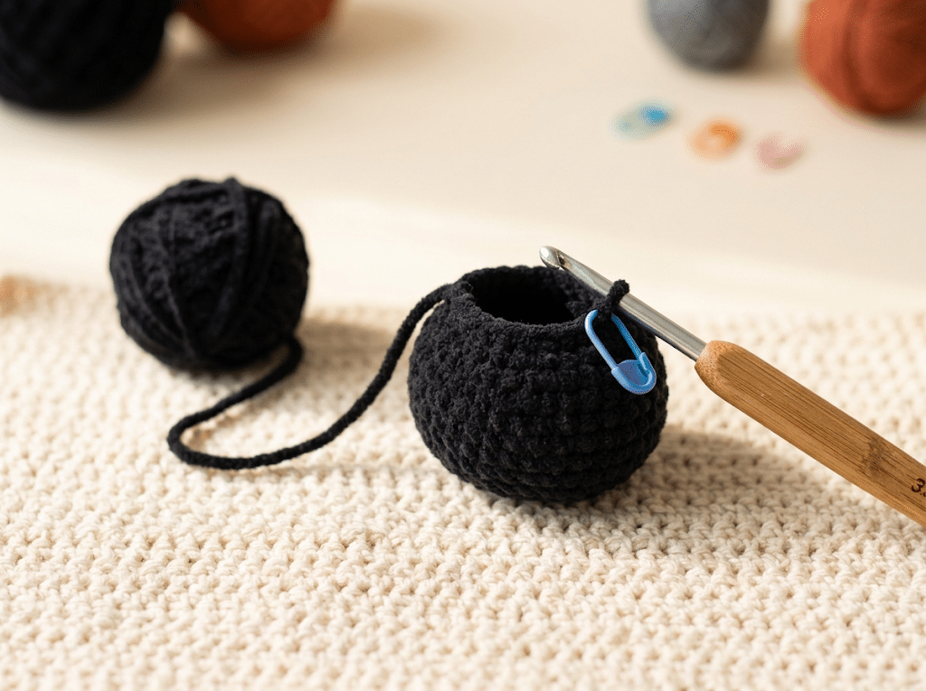 Crocheting the round body for a handmade amigurumi bat
