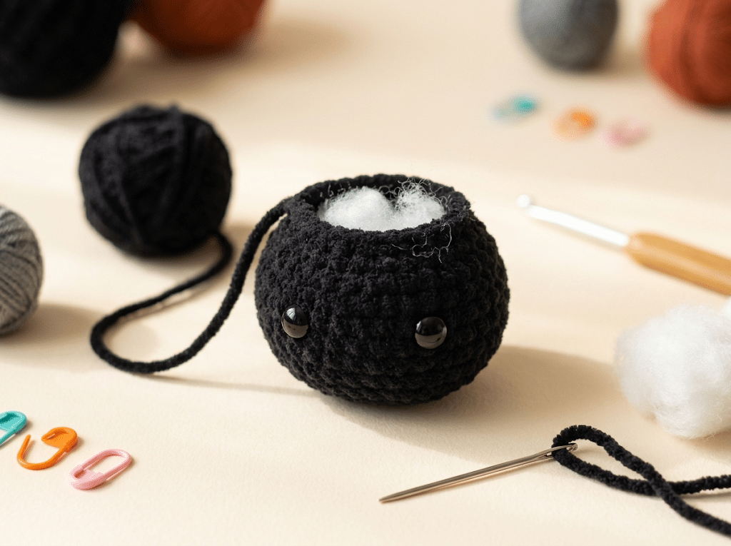 Crochet bat amigurumi with safety eyes and fiberfill stuffing