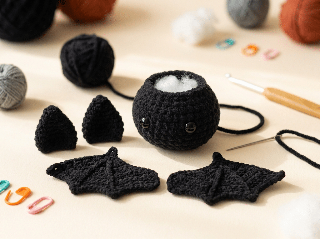 Crochet bat wings and ears ready for amigurumi assembly