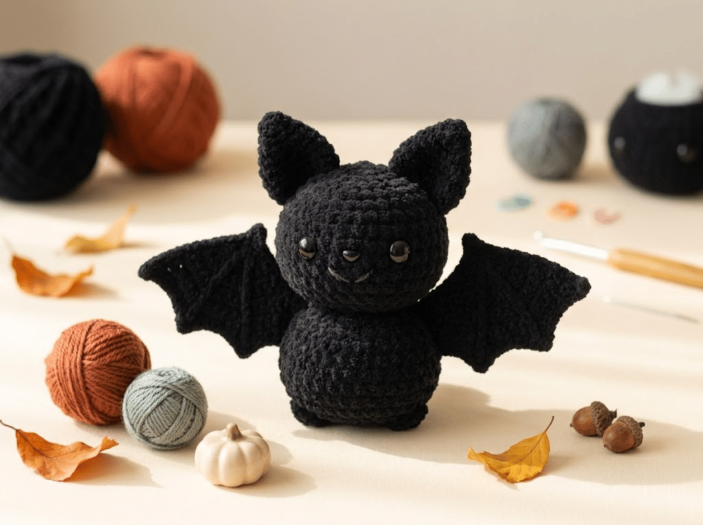 Finished black crochet bat amigurumi with cute kawaii face