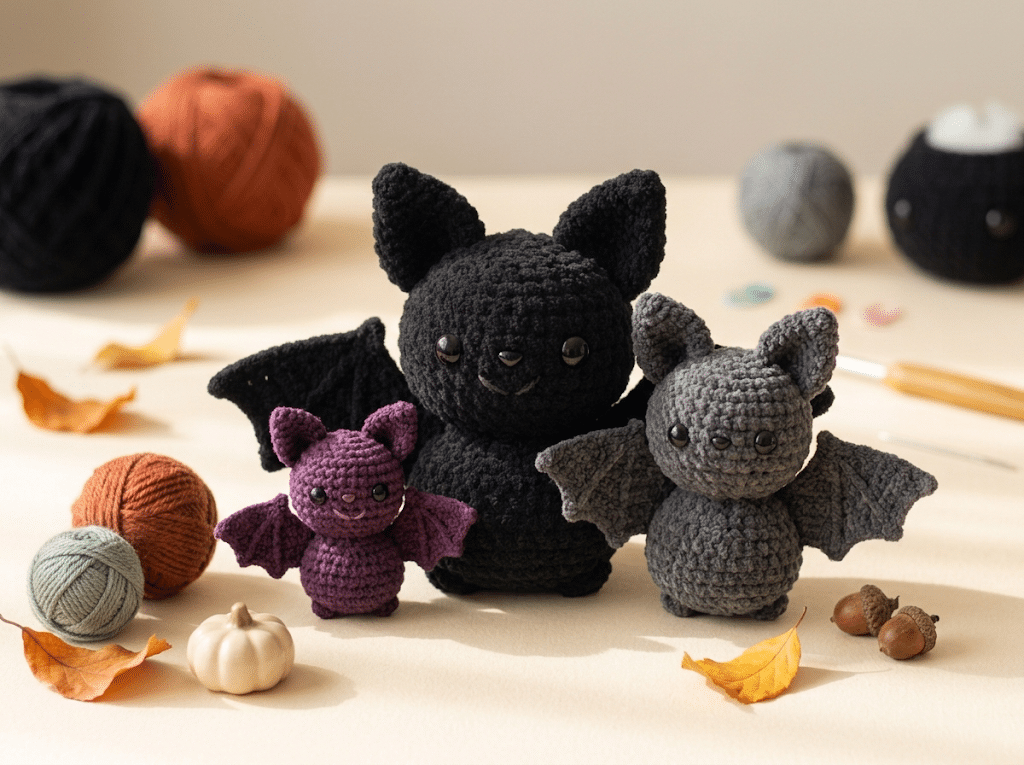 Three handmade crochet bat amigurumi toys for Halloween