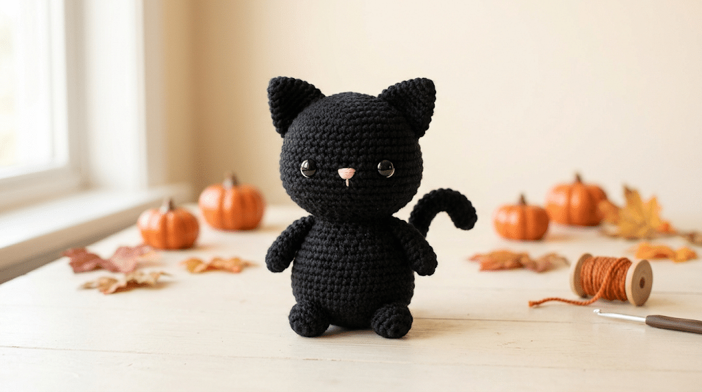 Crochet black cat amigurumi with pumpkins for Halloween