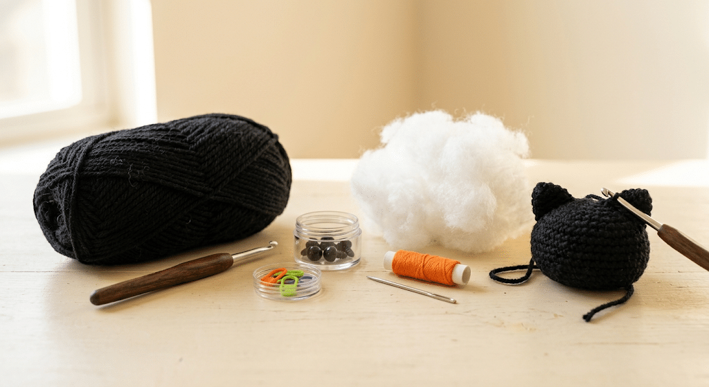 Materials for crocheting a black cat amigurumi