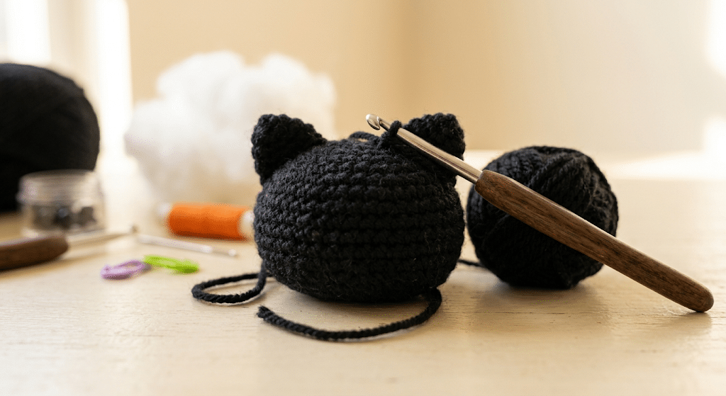 Black cat amigurumi body being crocheted with black yarn