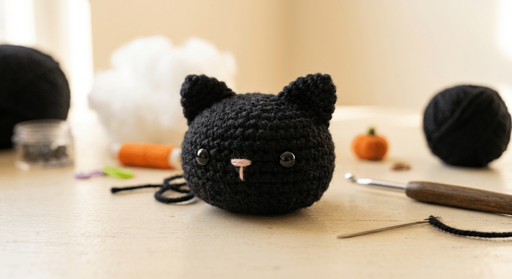 Black cat amigurumi face with crochet ears and safety eyes