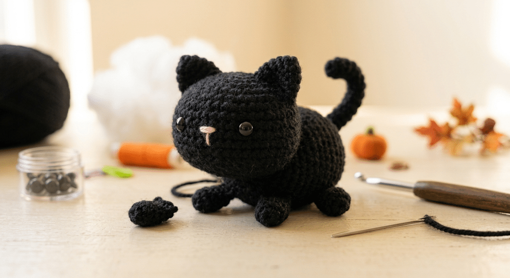 Crochet black cat with tiny paws and curled tail