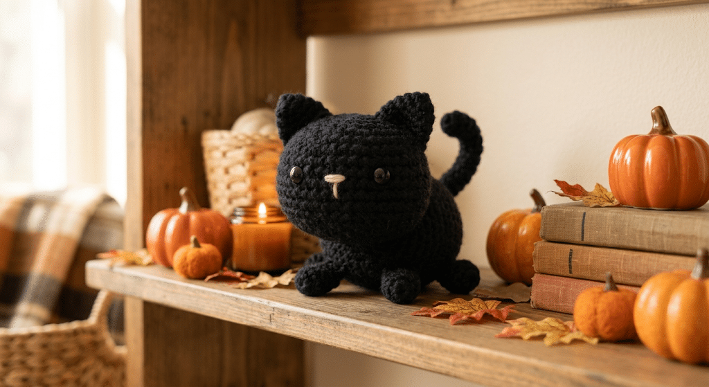 Finished black cat amigurumi Halloween decoration