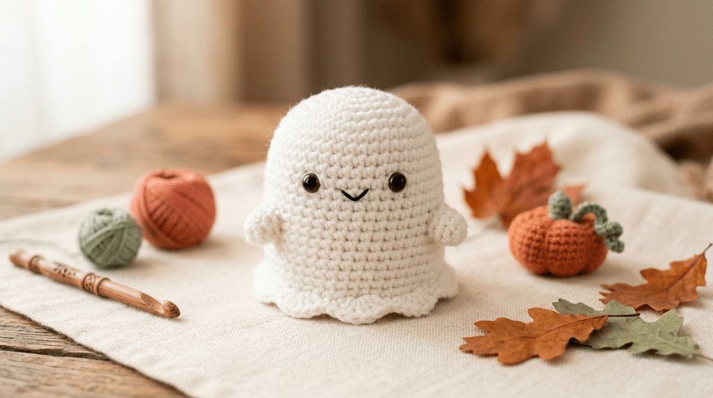 Crochet ghost pattern in kawaii Halloween style