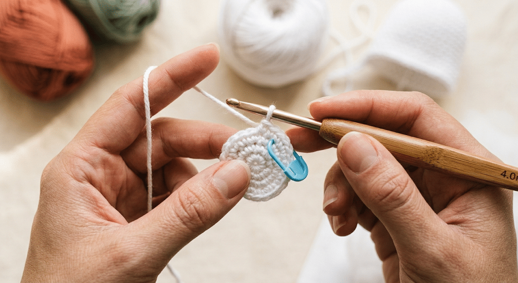 Starting a crochet ghost with a magic ring and white yarn