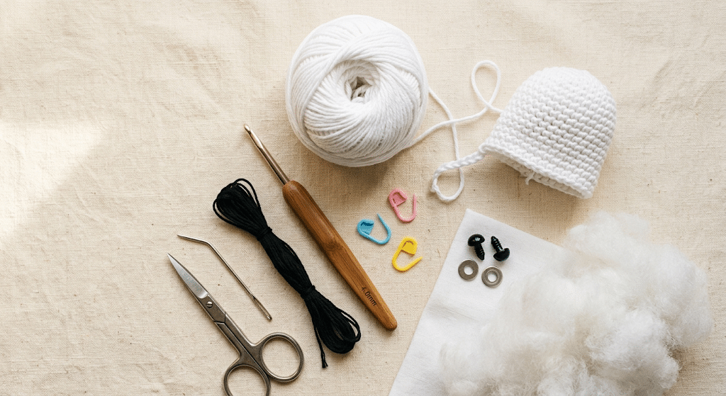 Materials for making a cute crochet ghost amigurumi