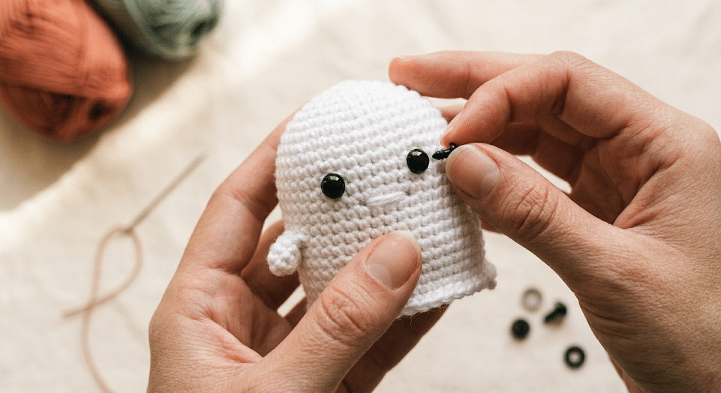 Adding safety eyes to a handmade crochet ghost