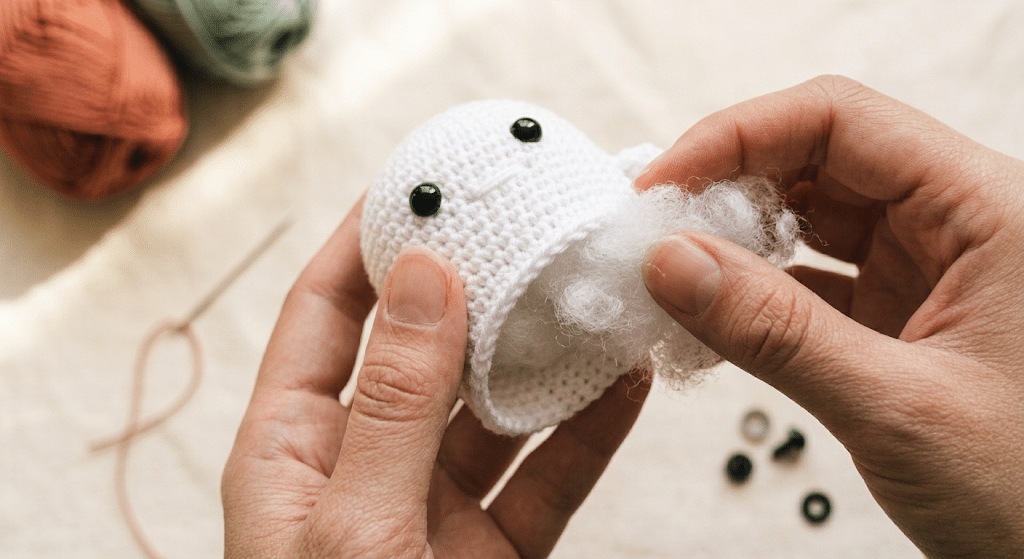 Stuffing a crochet ghost amigurumi with fiberfill