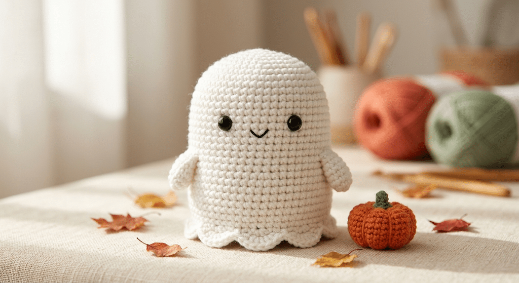 Finished kawaii crochet ghost amigurumi for Halloween