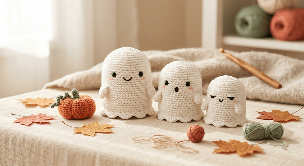 Cute crochet ghost amigurumi Halloween display with pumpkins