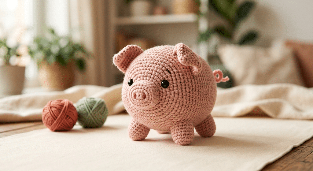 Cute crochet pig amigurumi on a warm cream background