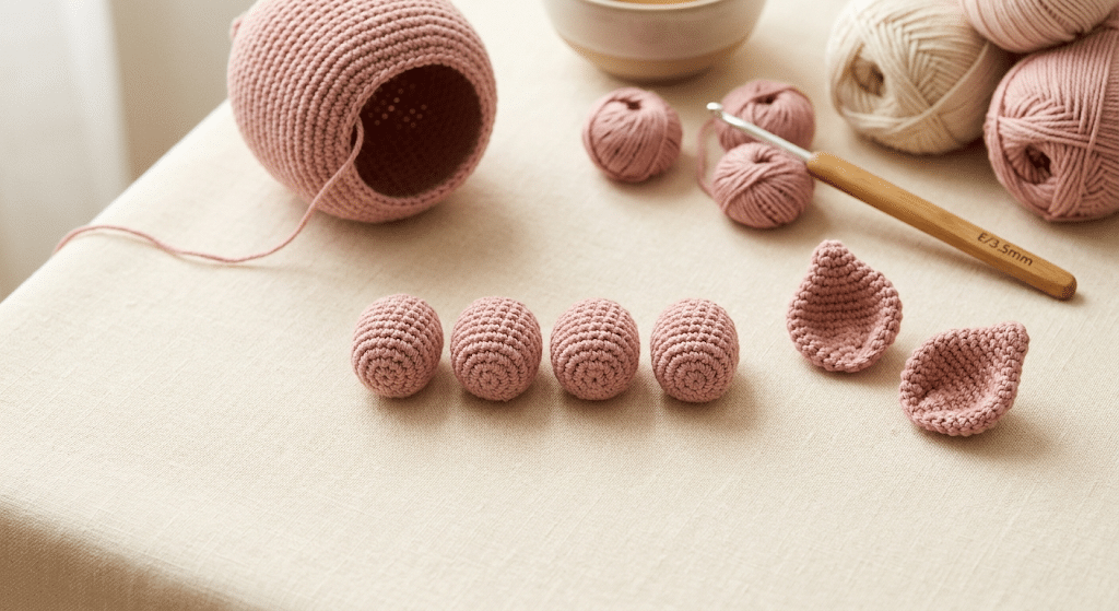 Close-up of crochet pig snout with embroidered nostrils