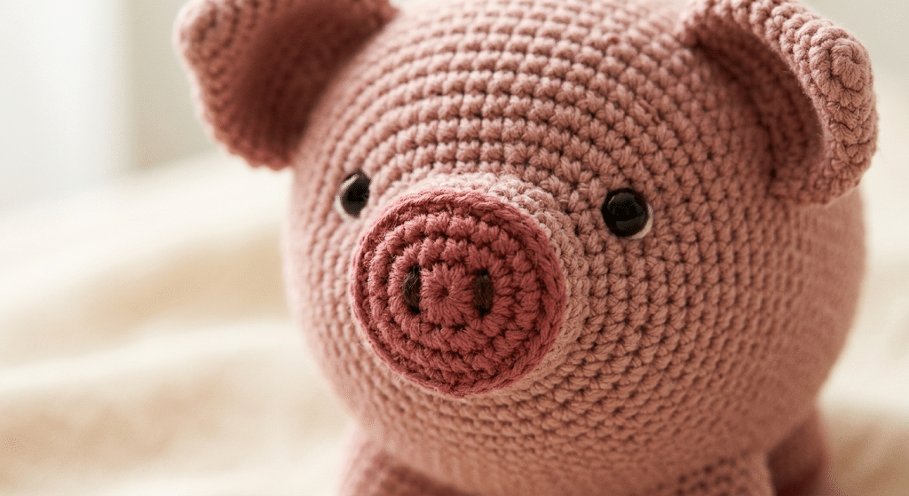 Finished crochet pig amigurumi with cute curled tail