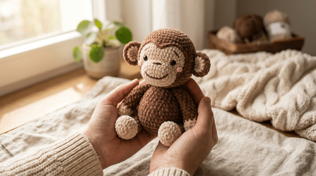 Handmade crochet monkey amigurumi held in hands with soft chenille yarn and a smiling kawaii face