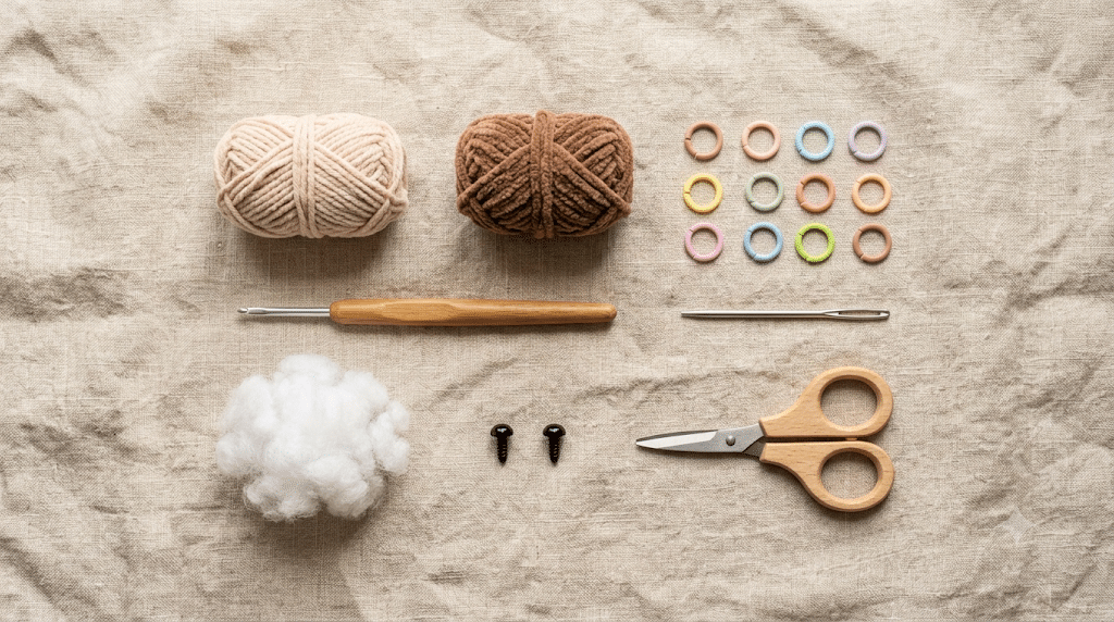 Crochet monkey pattern materials including brown yarn, crochet hook, safety eyes, stuffing, stitch markers, and yarn needle