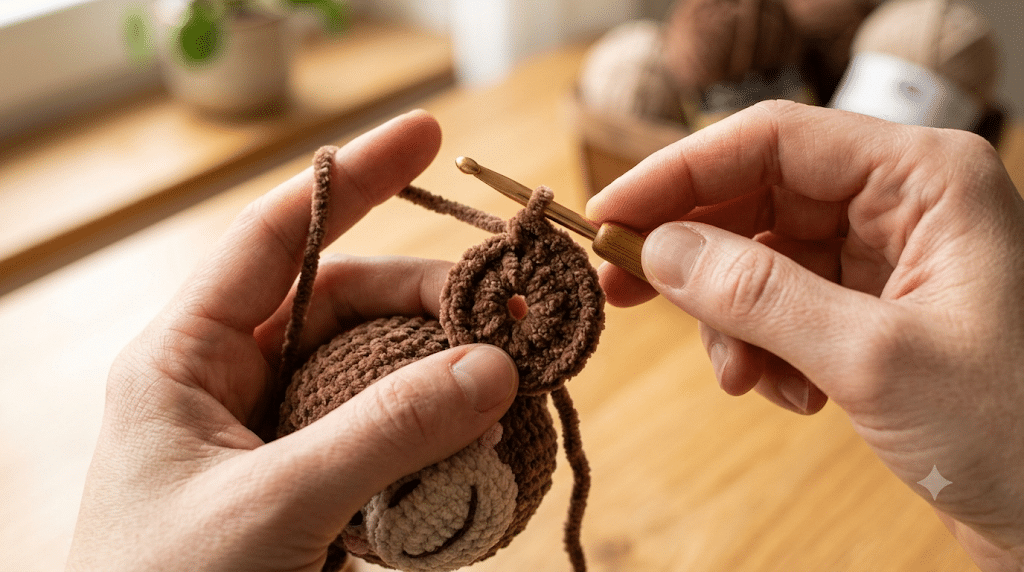 Crocheting the monkey head using a magic ring for a beginner crochet monkey pattern free tutorial
