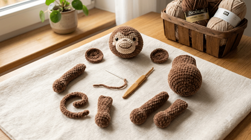 Crochet monkey body parts arranged before sewing together in an easy amigurumi monkey pattern