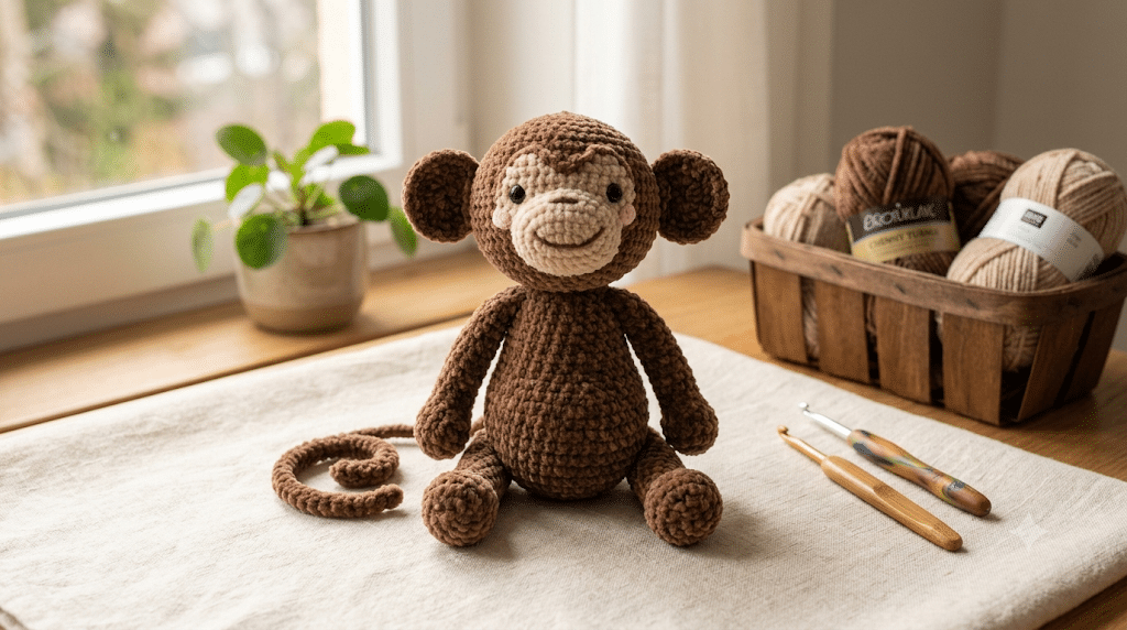 Finished crochet monkey amigurumi sitting beside yarn and crochet tools in a cozy craft workspace