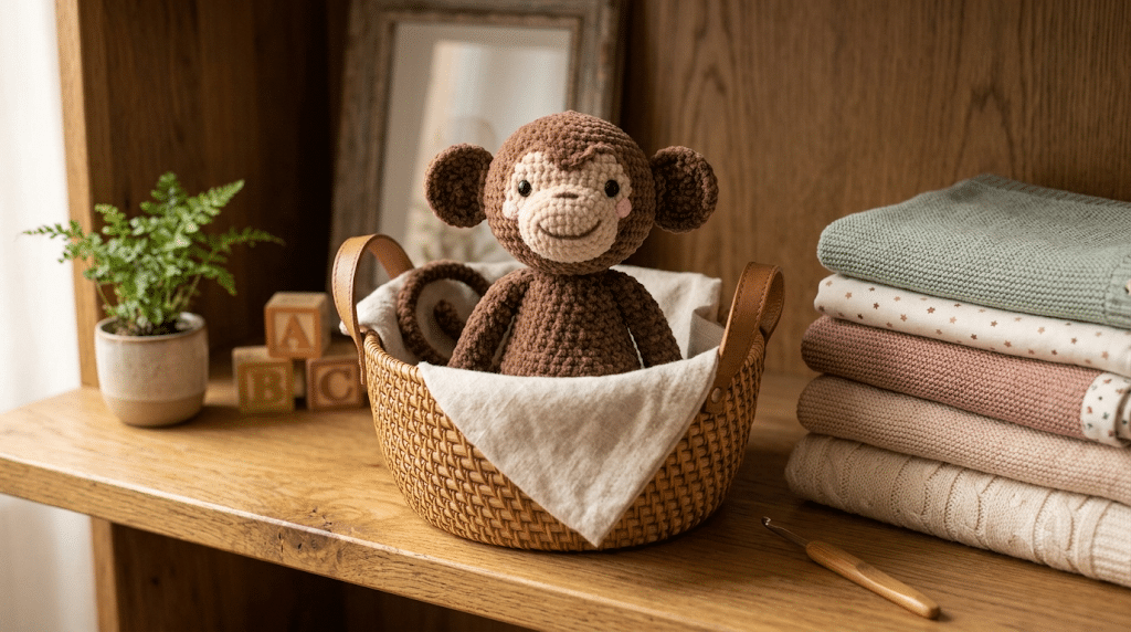 Cute handmade crochet monkey plush displayed in a woven basket as a finished amigurumi project