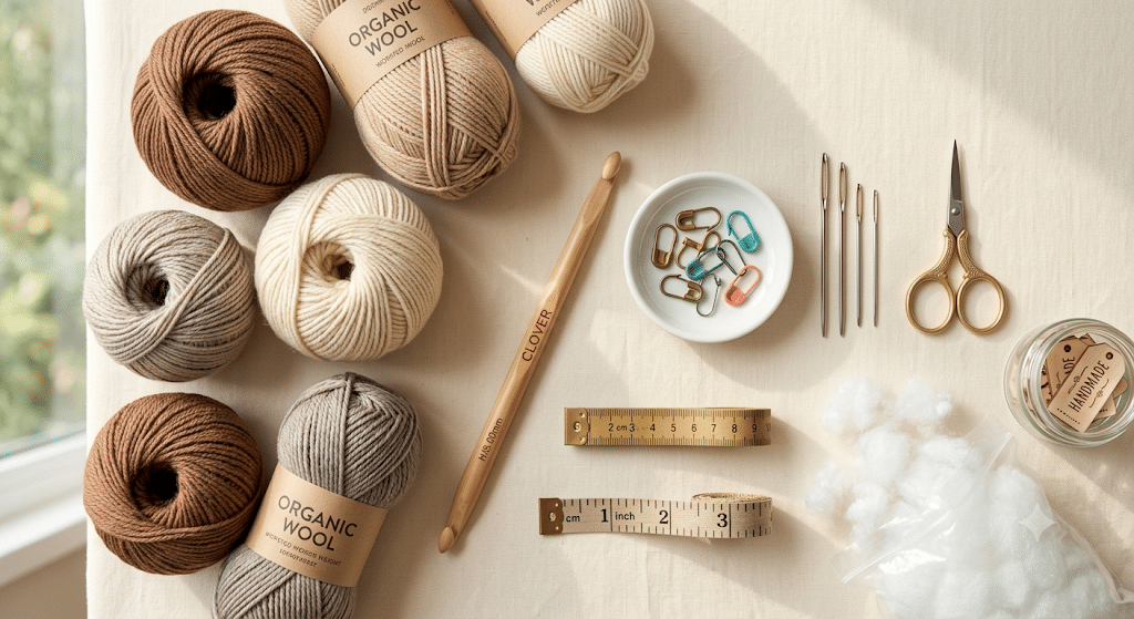 Yarn and crochet supplies for making a crochet hedgehog