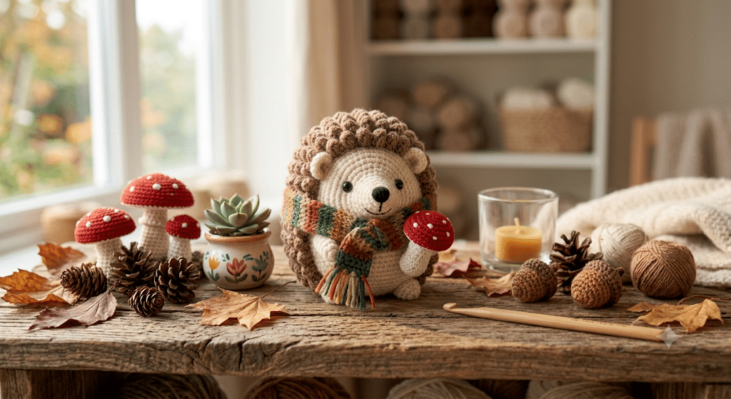 Finished crochet hedgehog displayed as woodland home decor