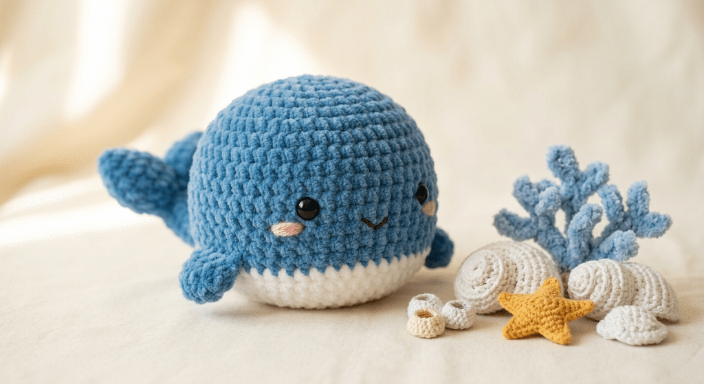 Finished blue crochet whale amigurumi with seashells and ocean decorations