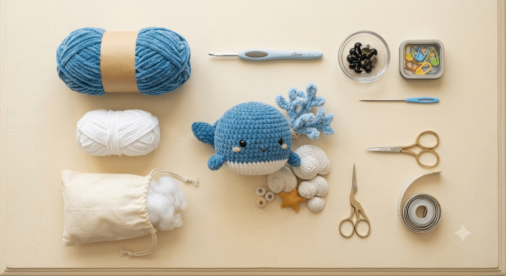 Supplies for a crochet whale pattern including blue yarn, crochet hook, stuffing, and safety eyes