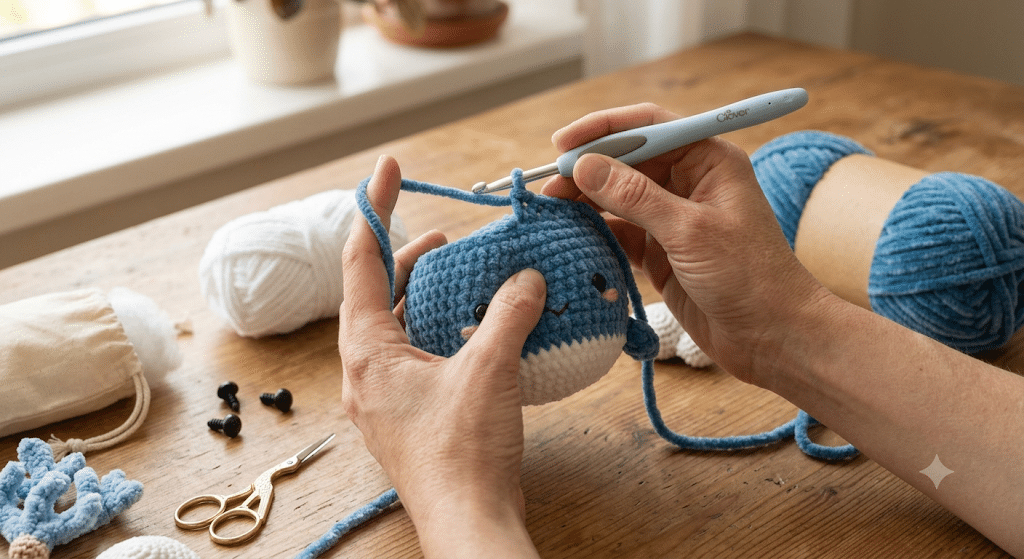 Hands crocheting a beginner crochet whale pattern using soft blue chenille yarn